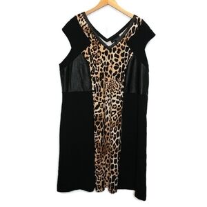 Lane Bryant Size‎ 26 Double V Neck Dress Black Leopard Print A Line Cap Sleeve
